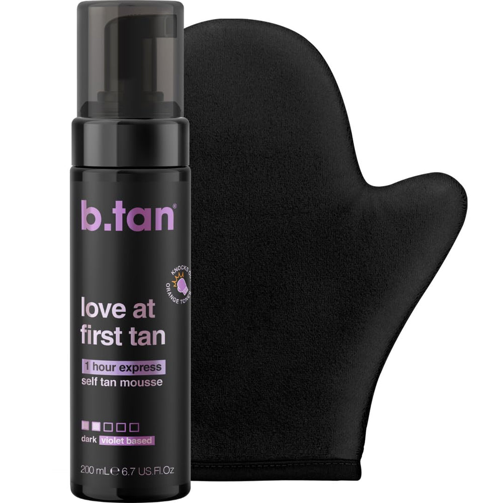 b.tan front packaging showing dark tanning mousse and benefits