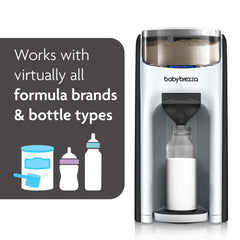 Baby Brezza dispensing a warm bottle demonstrating fast, hands-free preparation