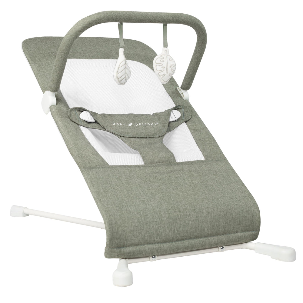 Baby Delight front view of bouncer showing sage tweed and harness for stylish comfort