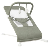 Baby Delight front view of bouncer showing sage tweed and harness for stylish comfort
