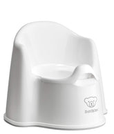 BabyBjörn potty chair front view showing white and gray design and supportive backrest for comfort
