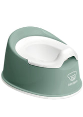 BabyBjörn front view of deep green and white potty showing compact design and portability
