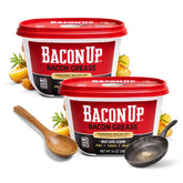 Bacon Up front tub with spoon showing ready-to-use convenience and flavor