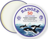 Badger front tin SPF 50 showing compact reef-safe sunscreen