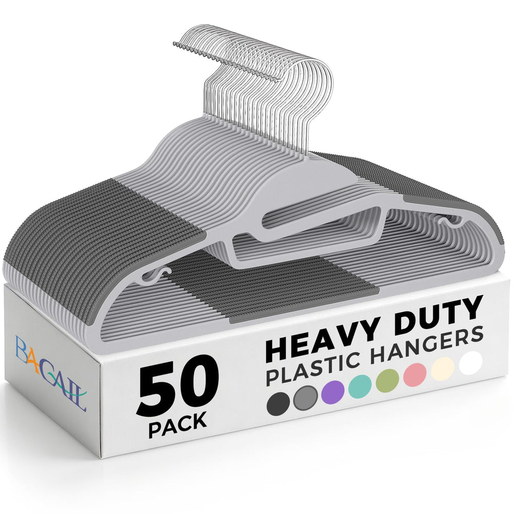 BAGAIL front view of 50-pack grey hangers showing slim tidy storage