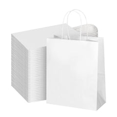 bagmad front view of 100-pack white kraft bags showing neat stacked presentation and convenience
