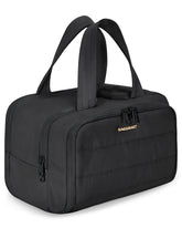 BAGSMART front view of black puffy toiletry bag showing shape and handle for easy carrying