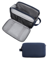 BAGSMART front view of navy large toiletry bag showing compact shape and handle benefit