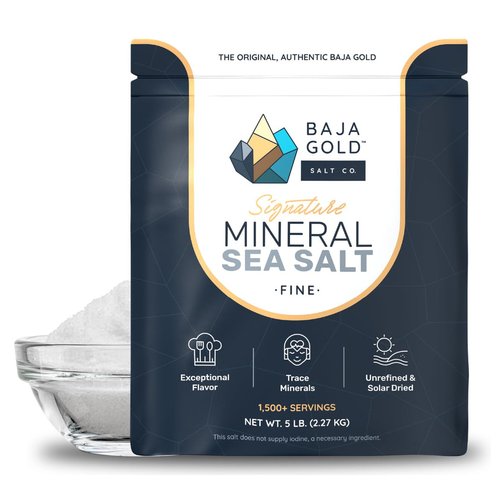 Baja Gold front packaging showing 5 lb fine grind and branding benefit: pantry staple