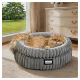 BALANCE front view of round cat bed showing cozy raised rim and soft interior for comfort
