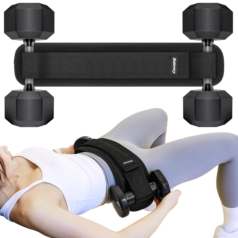 Balency front view of hip thrust belt showing wide padded panel for comfort