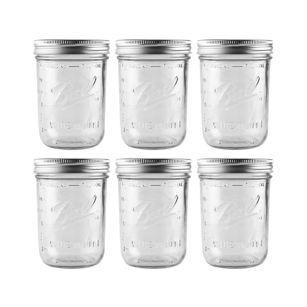 Ball 16 oz jars front view showing six-pack and lids for dependable storage