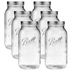 Ball jar front view showing six 64oz jars and lids, clear storage benefit