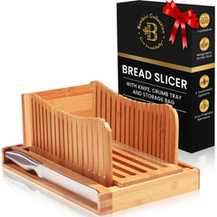Bambüsi bread slicer front view showing frame and slot guides for even cuts