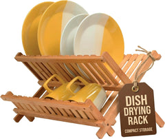 Bambüsi front view on countertop showing compact two-tier drying and organized plates
