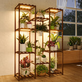 Bamworld plant stand front view showing tiered display and warm light benefit