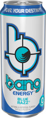 Bang Blue Razz being poured into glass showing clarity and refreshing fizz