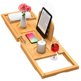 Banlilu bamboo bathtub tray front view showing organized setup and convenience