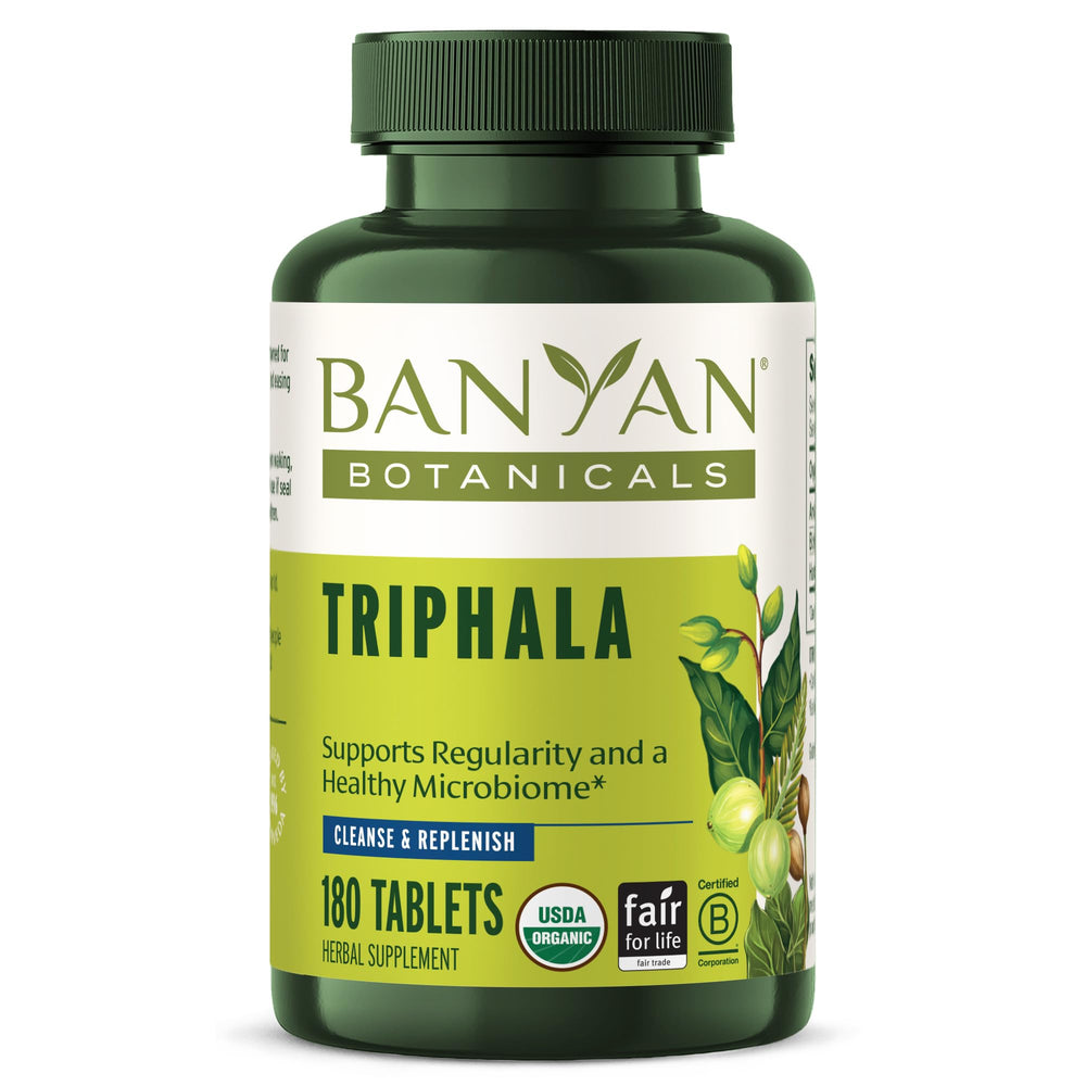 Banyan Botanicals front packaging showing organic Triphala benefits