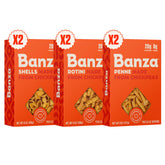 Banza front packaging variety pack showing bright boxes and shapes, highlights convenience