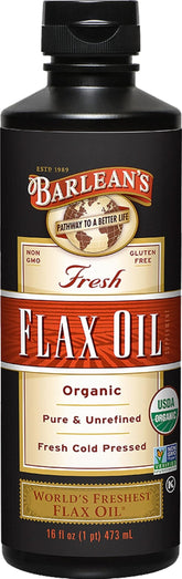 Barlean's front packaging of 16oz flaxseed oil showing size and brand benefit