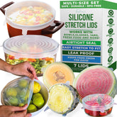 Basic Haus front view of seven silicone lids showing colors and sizes, easy organization benefit