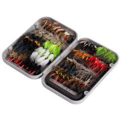 BASSDASH front packaging showing 64-piece fly assortment and box — ready-to-fish convenience