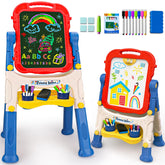 Basytodio easel front view showing double-sided board and vibrant frame, encourages creativity