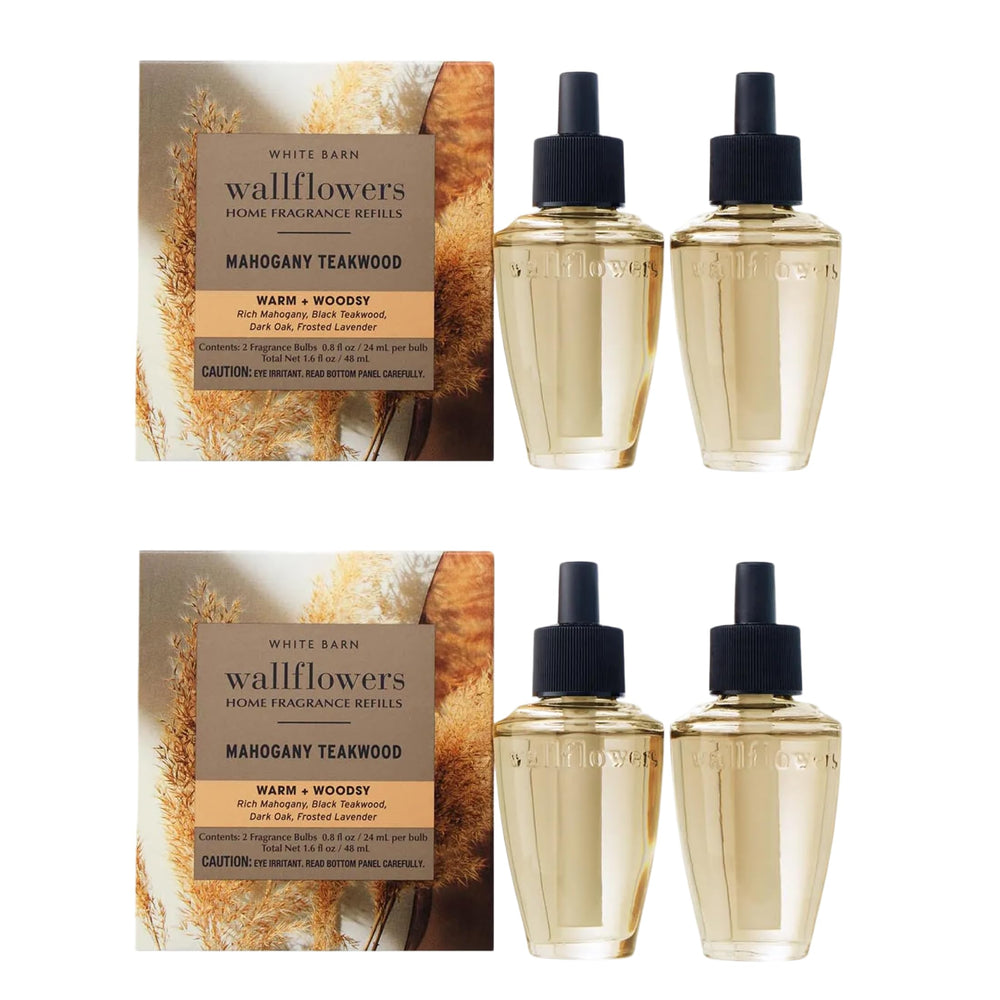 Bath & Body Works front packaging showing four Mahogany Teakwood refills for long-lasting scent