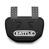 Battle back plate front view showing sleek black-white shell and protection benefit