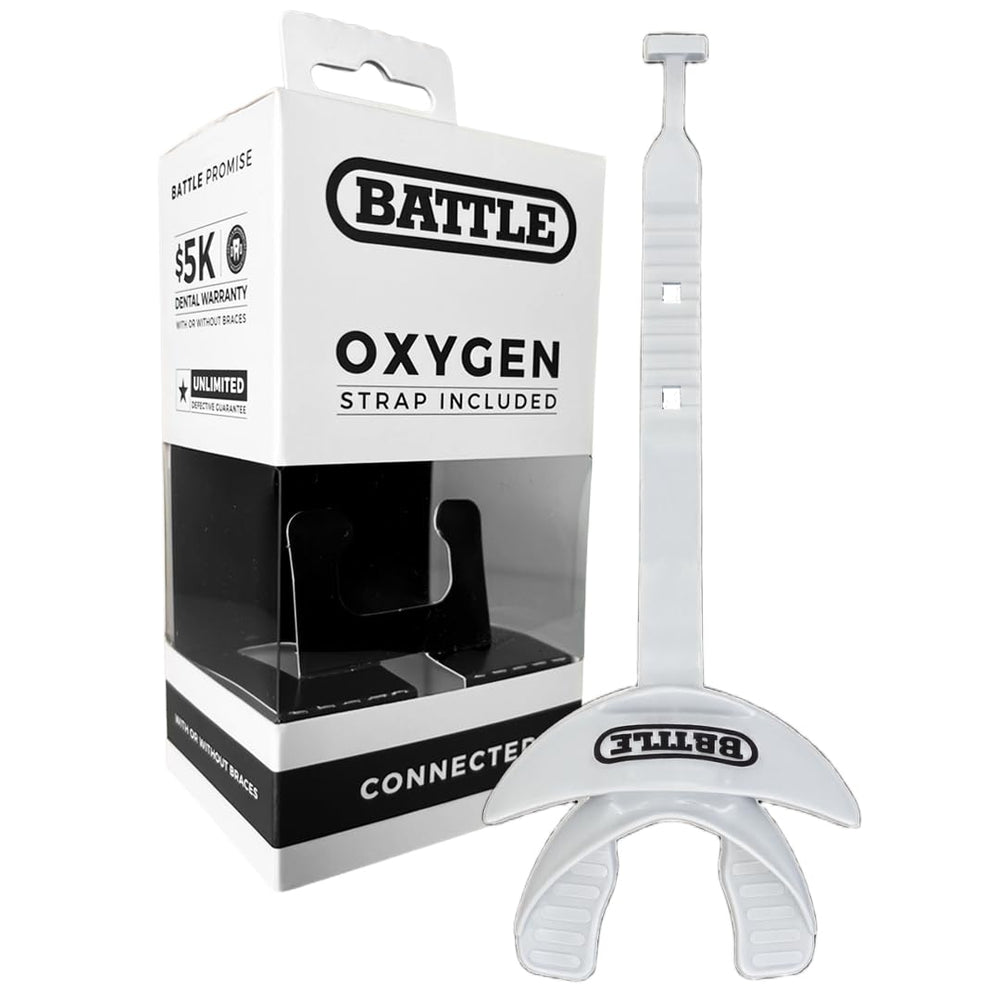 Battle mouthguard front view showing protective lip design and secure fit benefit