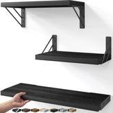 BAYKA front view of three black shelves showing modern-rustic style and organized display
