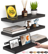 BAYKA front view of three black floating shelves showing clean modern look and storage benefit