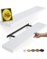 BAYKA front view of two white floating shelves showing modern storage benefit