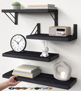 BAYKA front view of four black wall mounted floating shelves showing neat display benefit