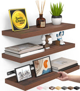 BAYKA front view of three walnut-like floating shelves showing clean lines and warmth