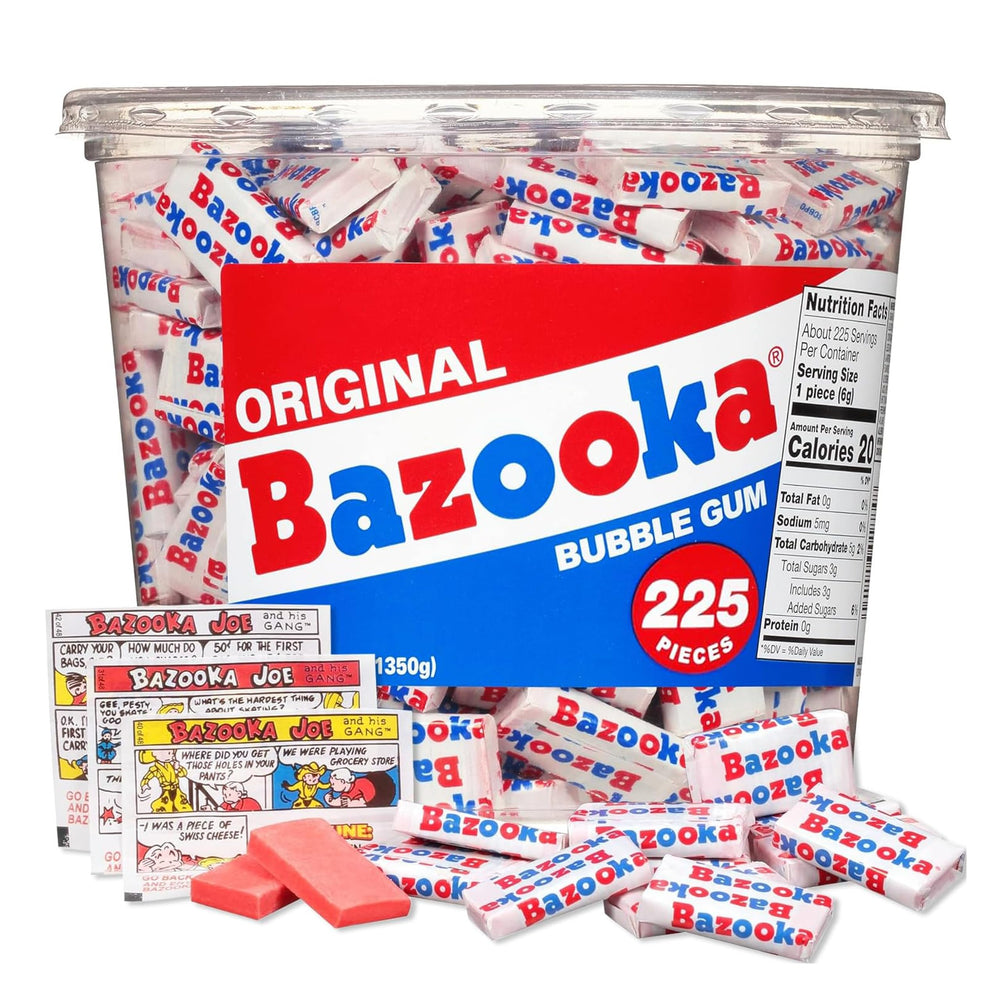 Bazooka front packaging tub showing 225 pieces and convenience