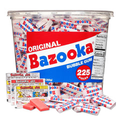 Bazooka front packaging tub showing 225 pieces and convenience
