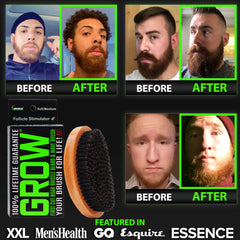 BBS BEST BEARD STUFF brush held in hand to show scale and ergonomic benefit