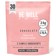 Be Well by Kelly LeVeque front packaging showing chocolate powder and benefits