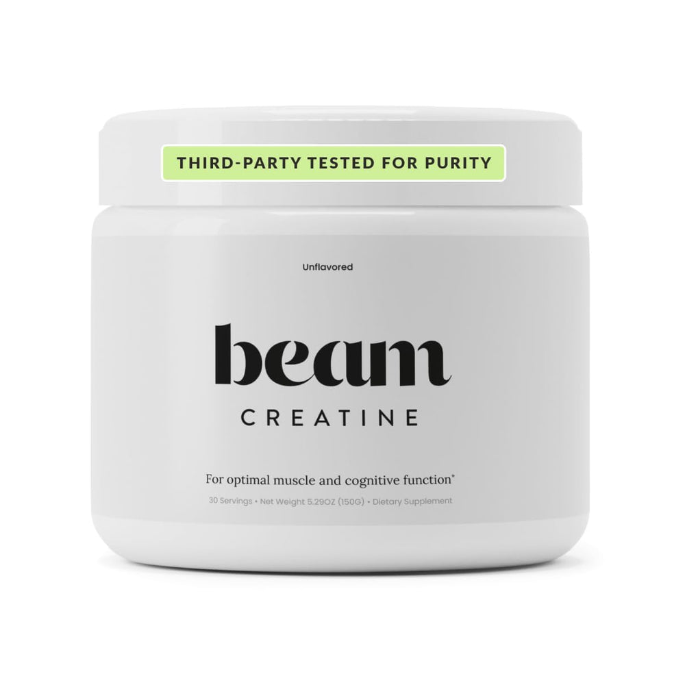 BEAM creatine front label showing clean packaging and 30 servings benefit