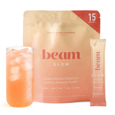 BEAM Glow front packaging showing peach-mango flavor and benefits