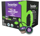 beaniac front packaging showing 30-count compostable pods and bold roast benefits