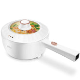 Bear front view of white 2L electric hot pot showing compact design and benefit of space-saving