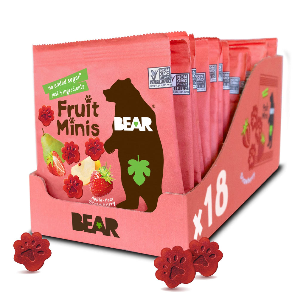 BEAR front packaging of strawberry minis showing 18-pack convenience and natural appeal