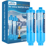 Beckacher front view of 2-pack inline filters showing compact housing and connectors for clean water