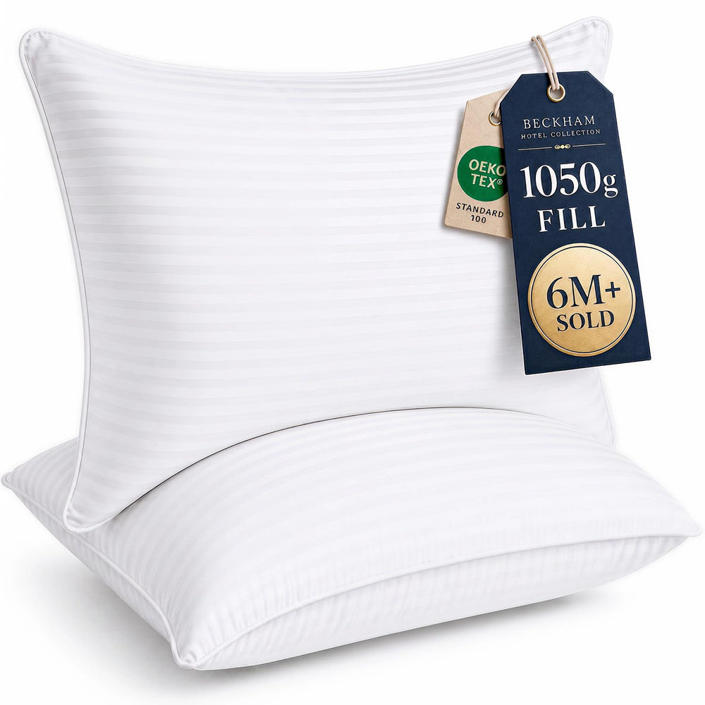 Beckham Hotel Collection front packaging showing queen pillow set and comfort