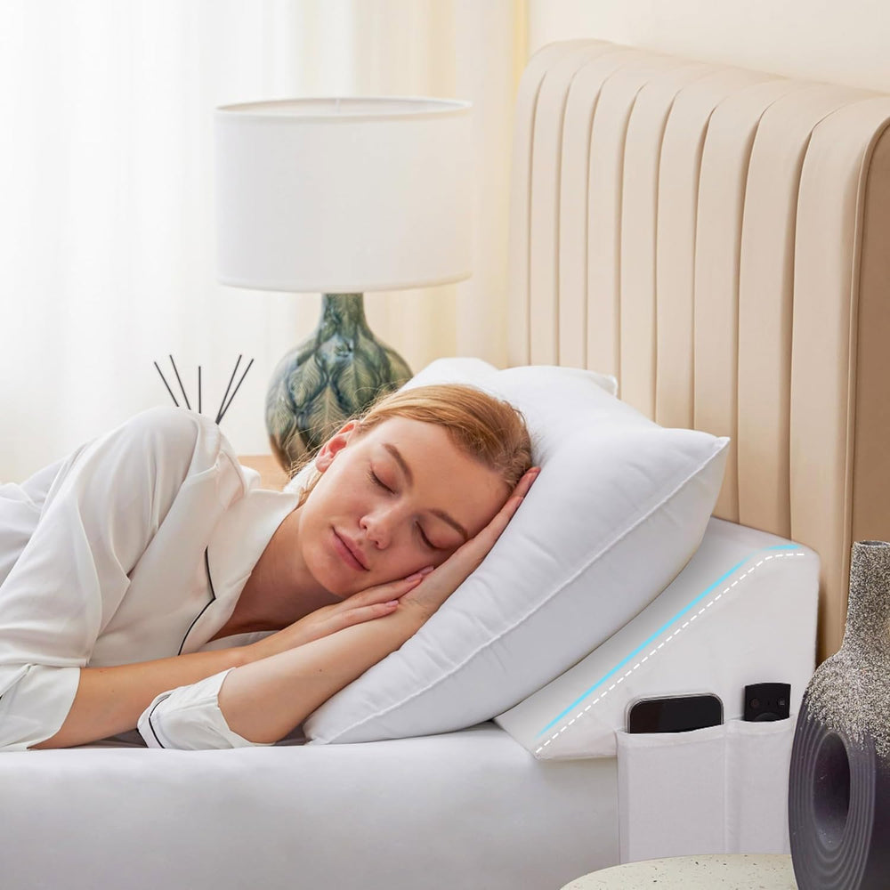 Bedluxe front view of wedge pillow sealing mattress gap for tidy bed