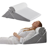Bedluxe front view of wedge pillow set showing shape and clean white grey cover for stable support