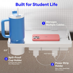 BedShelfie shelf holding phone and large tumbler showing convenience during study sessions